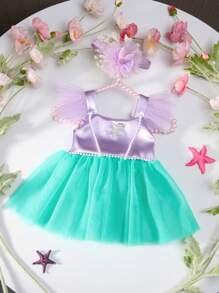 SHEIN Sơ sinh Bé gái Ngọc trai & Sao biển Trang trí Chụp ảnh Váy phồng lưới và Bộ băng đô, Quần áo chụp ảnh, Váy khối màu - Nhiều màu - Xem 8