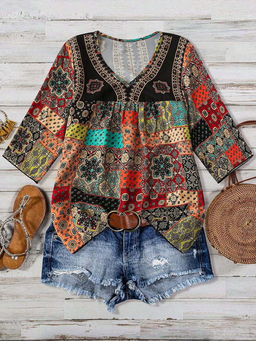 SHEIN LUNE Women's  Floral Print V-Neck Blouse, Summer - Multicolor - View 1