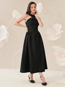 Modelyn Women's Summer Solid Color Cross Twist Knee-Length Sleeveless Elegant Dress