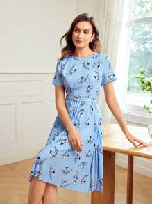 MOTF Classy ALLOVER PRINT BUCKLE BELTED PLEATED HEM DRESS