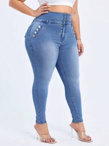 大码高腰弹力针织性感牛仔裤 - 藍色 - 查看 6