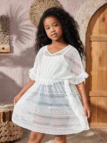 SHEIN Tween Girl Loose Fit Casual Solid Color Round Neck Pullover Top With Simple Ruffle Trim - White - View 4