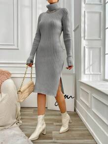 EURMUSE Women'S Turtleneck Ribbed Sweater Dress - Grey - View 6