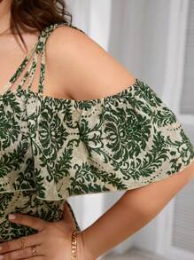 Mulvari Plus Size Mùa hè Thường ngày Váy xếp nếp in đầy đủ có viền xù - màu xanh lá - Xem 3