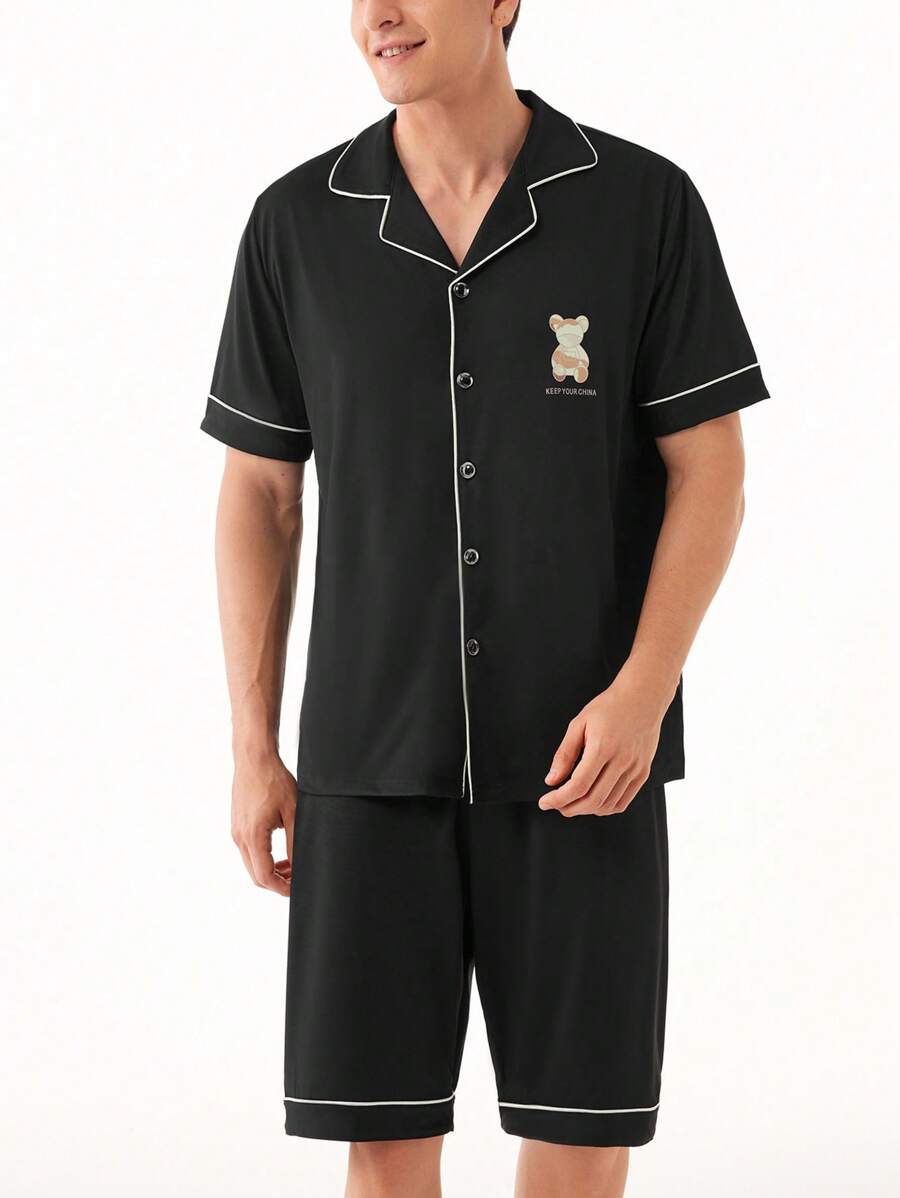 Conjunto de ropa de hogar para hombre que incluye camisa de manga corta con bloques de color y shorts - Negro - Ver 1