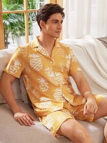 Men's Pineapple Print Front Row View Short Sleeve Top And Shorts Set, Summer Home Wear - Multicolor - View 4