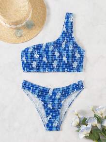 SHEIN Swim 女士夏季海滩花卉印花连体比基尼套装，单肩性感比基尼套装，带随机印花 - 彩色 - 查看 1
