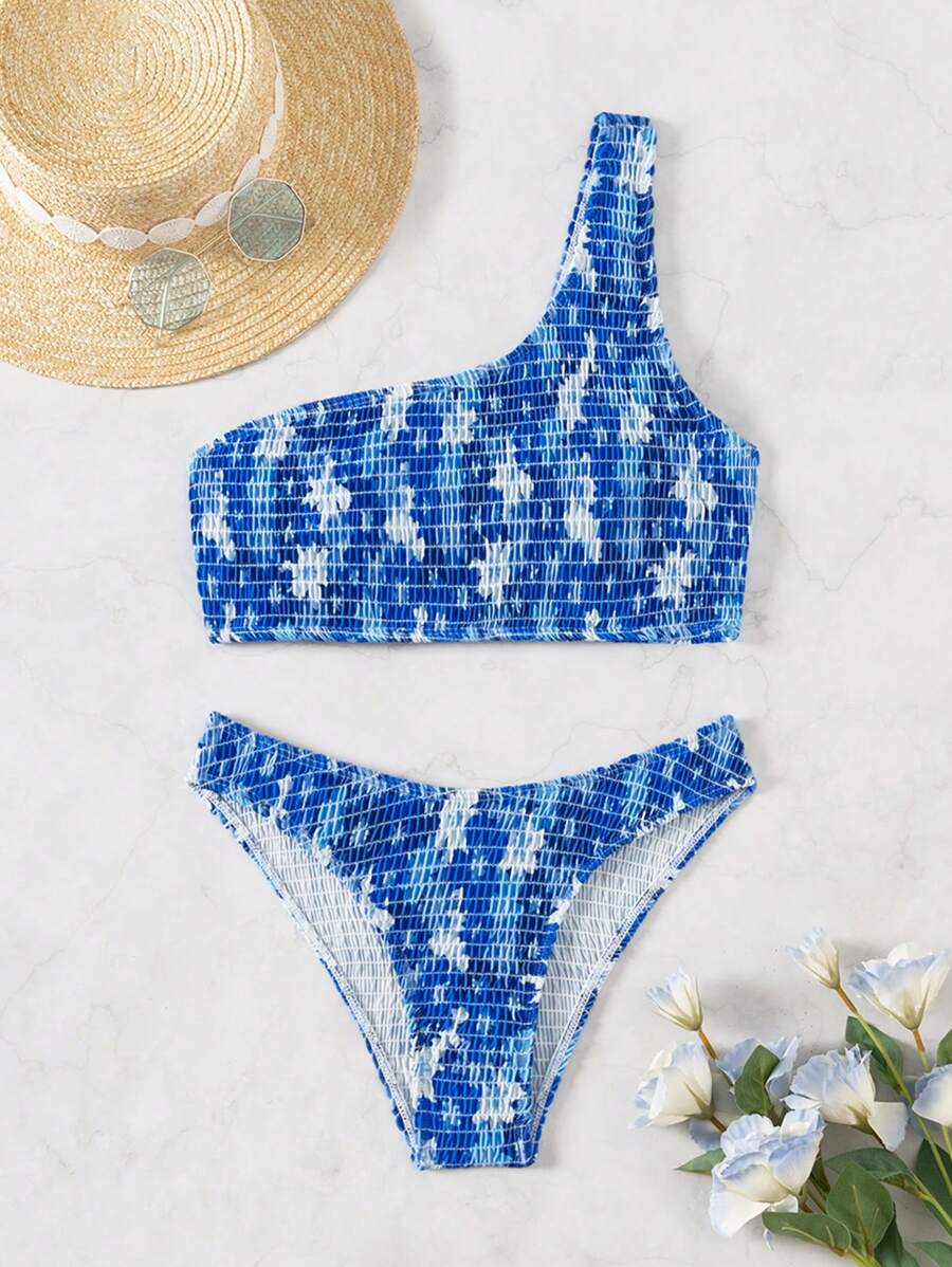 SHEIN Swim 女士夏季海滩花卉印花连体比基尼套装，单肩性感比基尼套装，带随机印花 - 彩色 - 查看 1
