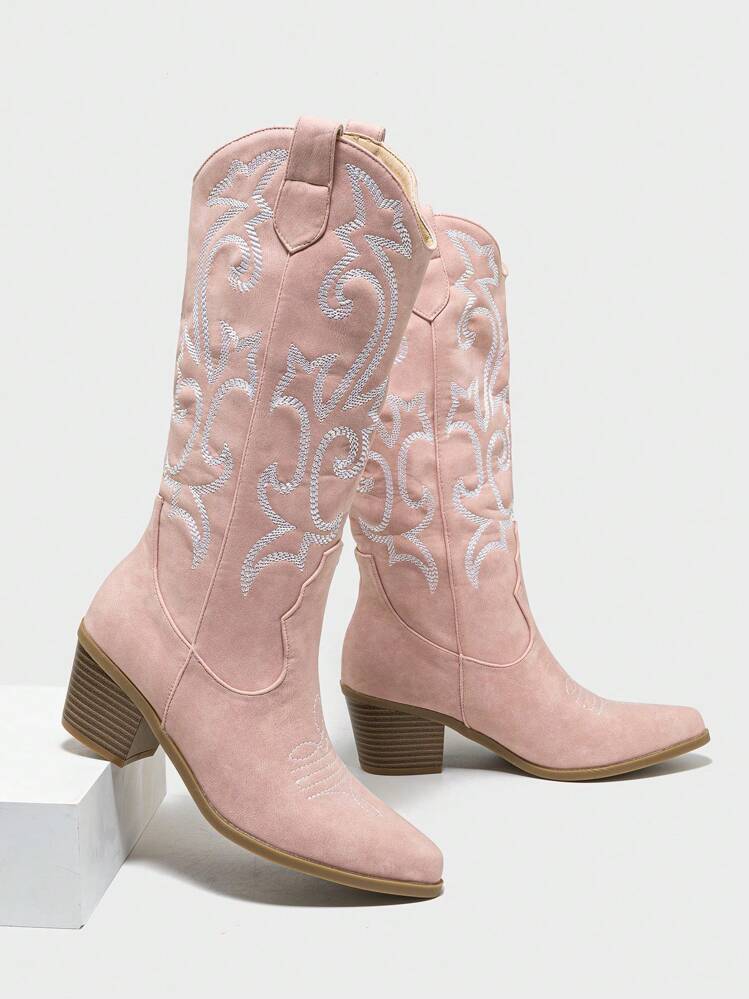 סגנון אופנה סתיו/חורף עם סוודר בז' קפלים אבזם רצועה רוכסן צד שטוח בוהן עגולה קז'ואל, סגנון עם מגפי ג'ורטים נוחים ורב-תכליתיים עד הברך לנשים, סגנון מערבי, מגפי קאובוי - ורוד - ראה 2