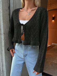 EURMUSE 1pc Tie Front Ruffle Hem Pointelle Knit Crop Cardigan - Black - View 5
