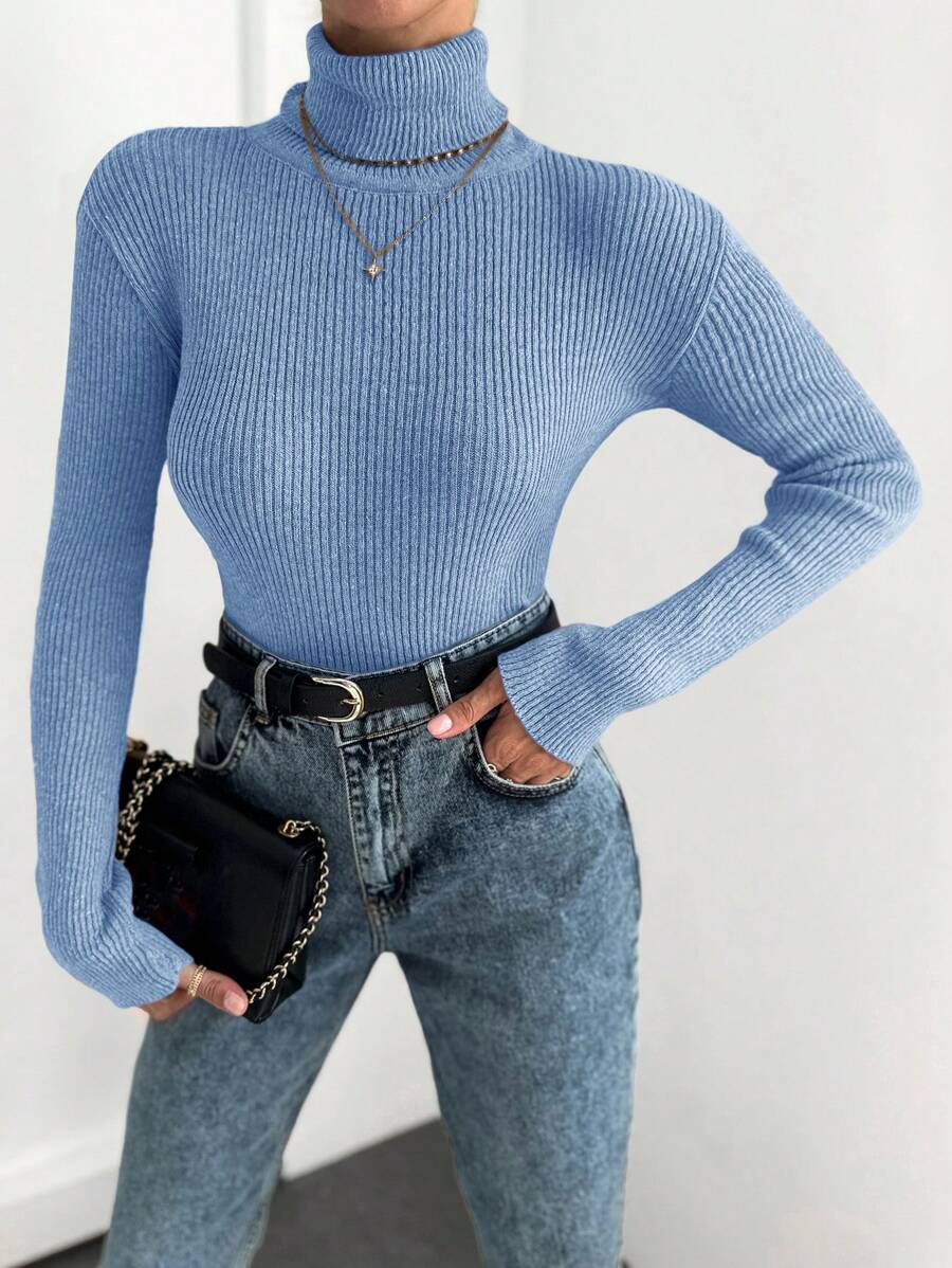 Cloudara Turtleneck Ribbed Knit Jumper - Baby Blue - View 1