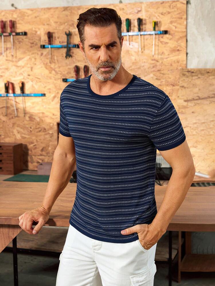 Men's Casual Color-Block Striped Short Sleeve Knit Top, Spring/Summer