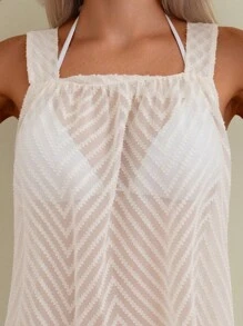 SHEIN Swim 女士單色透視厚肩帶無背袖式遮陽裙，適用於夏季假期 - 杏色 - 查看 3