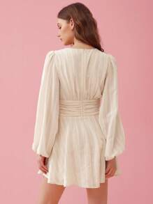 Enchnt Women's Yellow Summer Holiday Elegant Solid Color Lantern Sleeve Waist-Cinching Dress