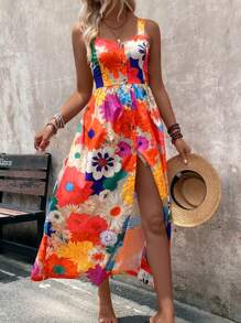 SHEIN LUNE 女士花朵无袖夏季沙滩裙长款女装