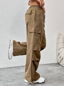 SHEIN PETITE Drawstring Waist Flap Pocket Side Parachute Cargo White Pants - Brown - View 3