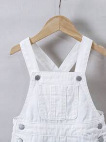 SHEIN 年輕女孩簡約刺繡白色牛仔背帶褲 - 白色 - 查看 3