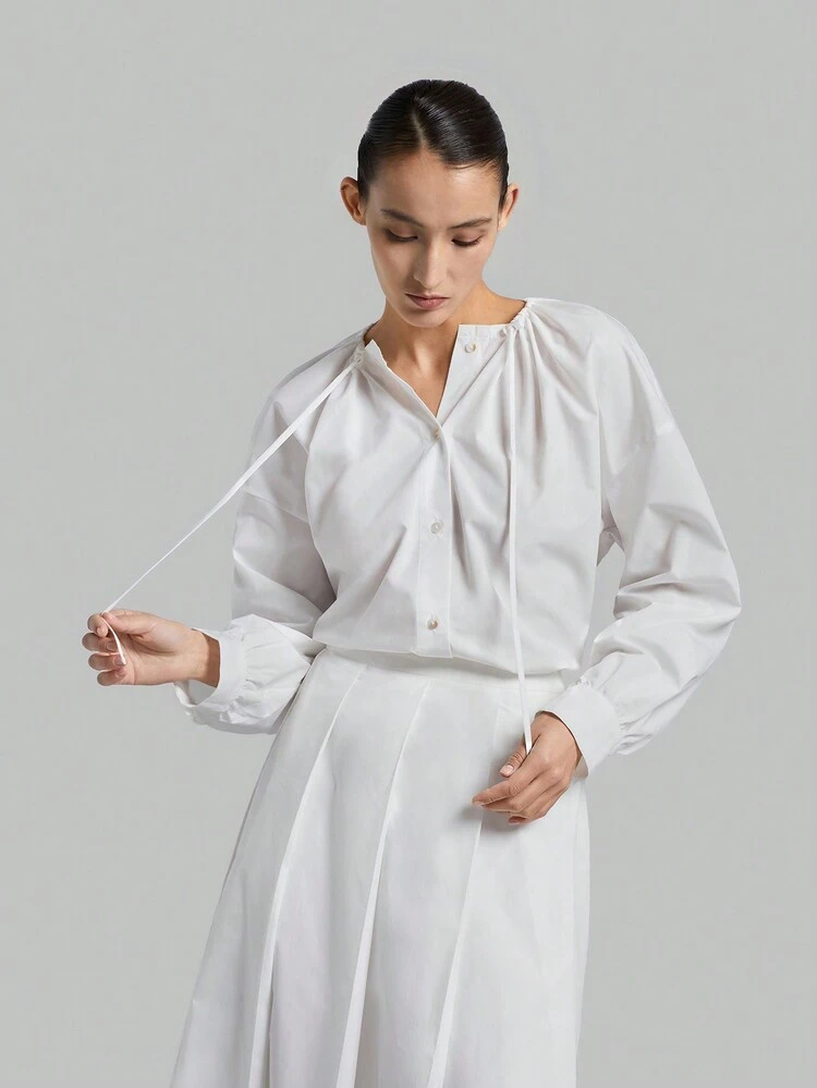 Ladies' Button Front Drop Cotton Shoulder Blouse