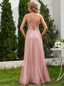 EVERPRETTY Embroidered Tulle Bridesmaid Dress With Ribbon Ties - Baby Pink - View 2