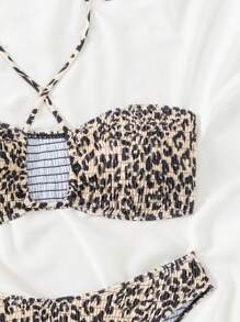 Women's Summer Beach Leopard Print Cross Halter Neck Sexy Bikini Set, Random Print - Multicolor - View 5