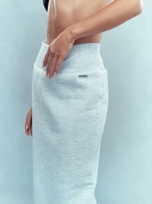 MISSGUIDED Metal Logo Label Wide Waistband Maxi Sweat Skirt - Light Grey - View 3
