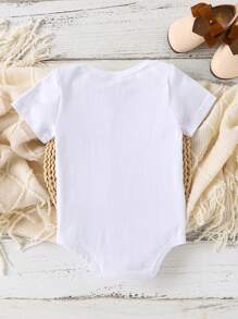 SHEIN Baby Girls' Cartoon Printed Short Sleeve Bodysuit, Father's Day Theme, Summer - White - View 2