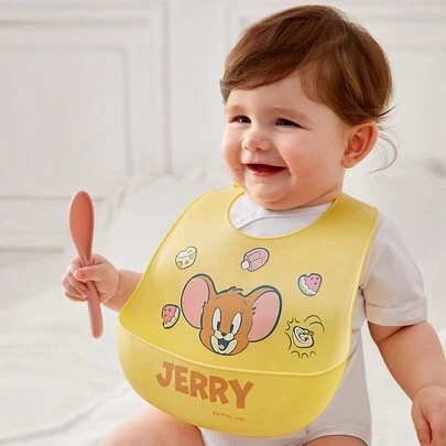 TOM & JERRY X SHEIN 卡通老鼠图案黄色硅胶婴儿围嘴，防水防油，喂奶适用