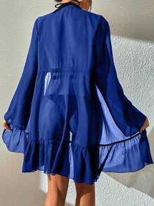 Contrast Geo Tape Ruffle Hem Tie Front Kimono - Blue - View 2