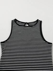 Striped Print Ribbed Knit Sleeveless Top Casual - Black - View 6
