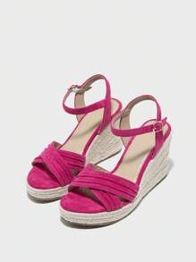 Sandalias de cuña de verano para mujer, tacones altos con suela suave antideslizante, elegantes y versátiles, zapatos con plataforma tipo pastel de esponja - Rosa Fucsia - Ver 4