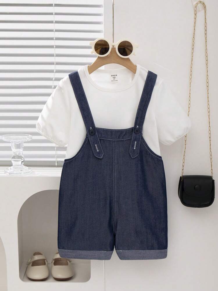 2pcs/Set Girls' Summer Casual Outfit, White Drop-Shoulder T-Shirt And Short Overalls, Outdoor Leisure Wear Cute Clothes