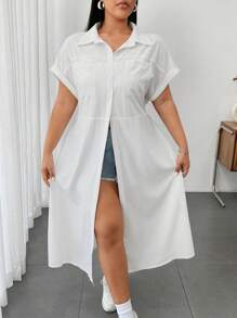 Flirla Chemise décontractée et élégante grande taille à col en V et manches courtes - Blanc - Voir 4