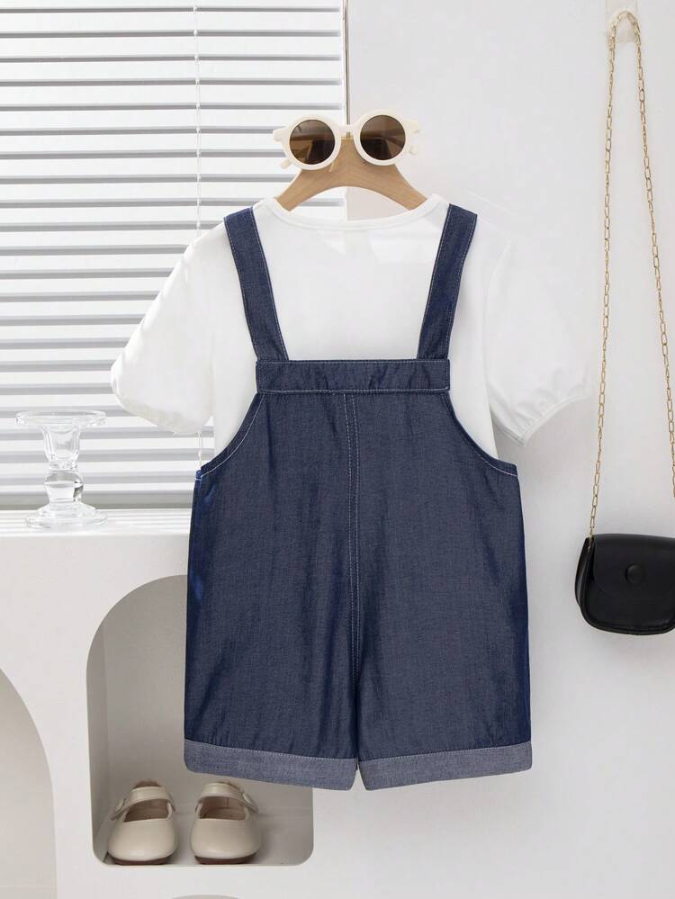 2pcs/Set Girls' Summer Casual Outfit, White Drop-Shoulder T-Shirt And Short Overalls, Outdoor Leisure Wear Cute Clothes