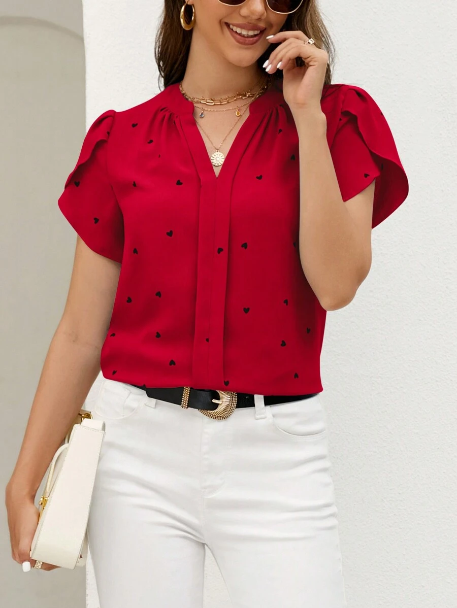 SHEIN Clasi 春季心形印花花瓣袖 V 领夏季海滩女式衬衫、短袖上衣