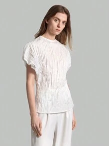 Ontre Women Round Neck Concise And Versatile Spring/Summer Cotton Shirt With Pleats - White - View 6