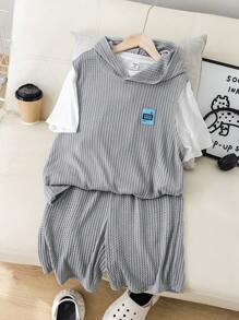 3pcs/Set Tween Boys' Korean Style Loose Short Sleeve T-Shirt, Hooded Vest And Shorts Casual Outfit