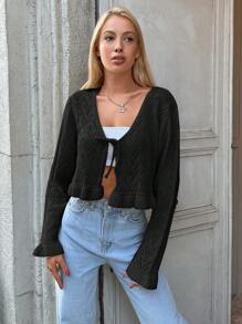 EURMUSE 1pc Tie Front Ruffle Hem Pointelle Knit Crop Cardigan - Black - View 3