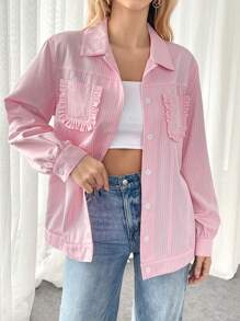 SHEIN Essnce Women's Simple Daily Pink Striped Ruffle Hem Blazer - Pink - View 6
