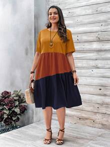 EMERY ROSE Plus Size Women's Contrast Color Doll Dress For Spring - Rust Brown - View 3