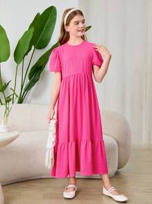 Vestido elegante para niña preadolescente con mangas cortas plisadas, de unicolor y cuello redondo, para primavera y verano - Morado - Ver 5