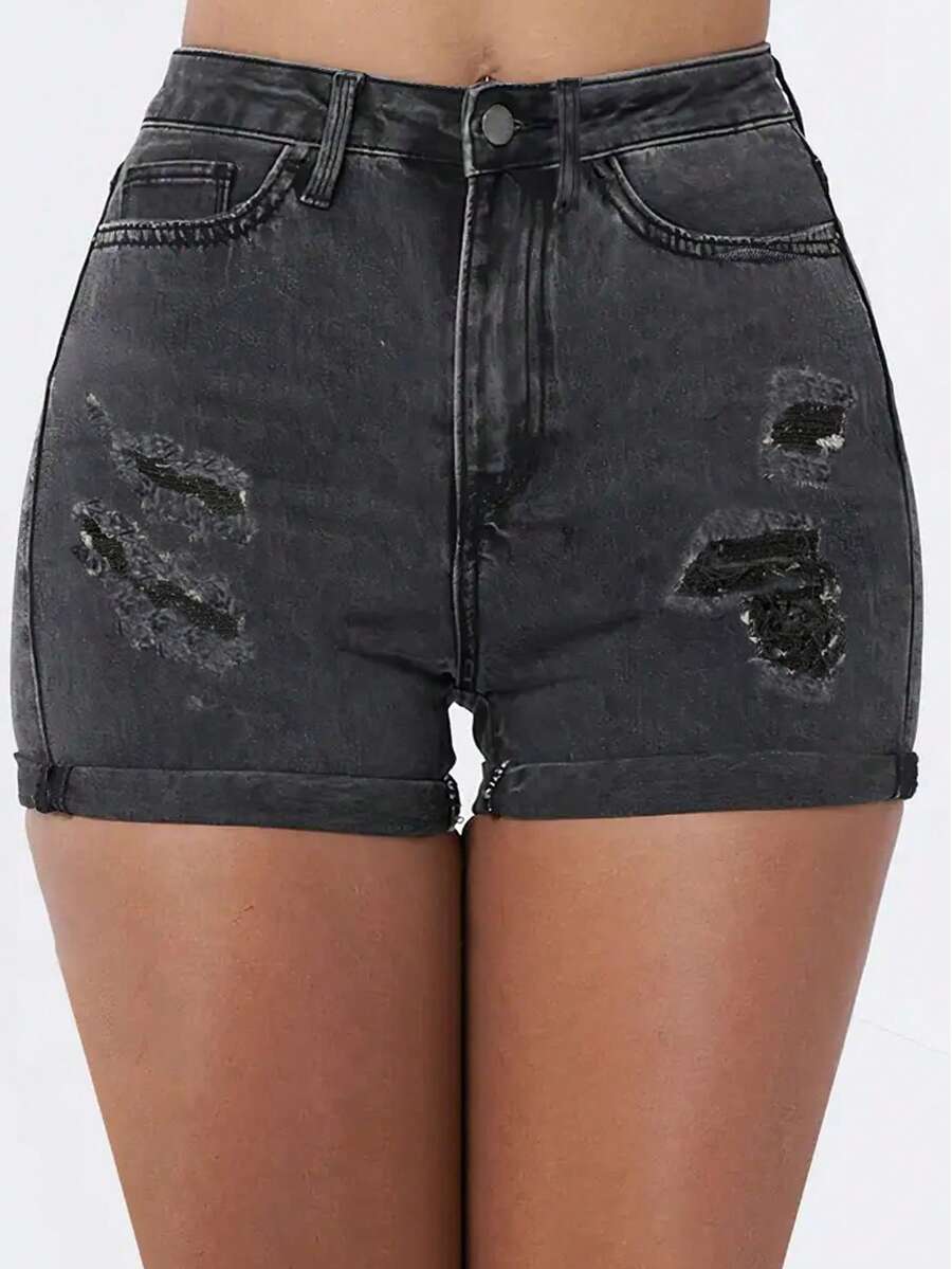 Women's Distressed Denim Shorts With Pockets, Washed - Dark Grey - View 1