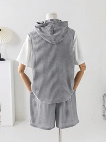 3pcs/Set Tween Boys' Korean Style Loose Short Sleeve T-Shirt, Hooded Vest And Shorts Casual Outfit