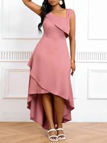 SHEIN Lady Große Größen Sommer Rosa Asymmetrischer Saum Vorderseite Rosa Kleid für Damen - Pink - Übersicht 4