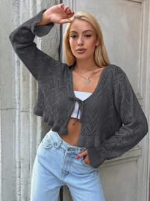EURMUSE Tie Front Ruffle Hem Pointelle Knit Crop Cardigan - Dark Grey - View 4