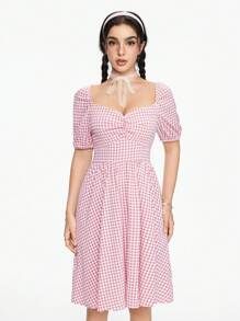 ROMWE Kawaii Women's Casual Plaid Sweetheart Collar Cinched Waist Dress, Summer