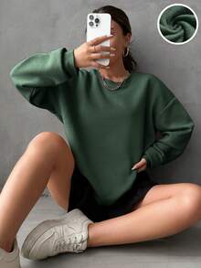 Cottnline 素色落肩袖運動衫 - 綠色 - 查看 1