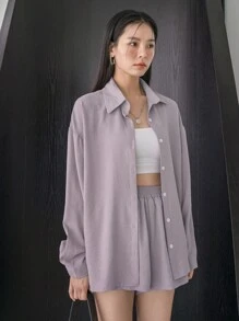 DAZY 女士两件套：纯色纹理休闲商务衬衫和短裤 - 淺灰紫 - 查看 4