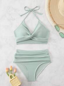 Women's Solid Color Cross Halter Halter Sexy Bikini Set, Summer Beach Swimwear - Mint Green - View 6