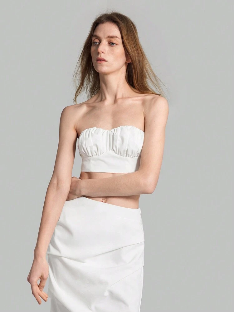 Women Solid Color Pleated Slim Fit Cropped Strapless Top For Summer