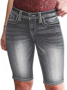 Shorts de mezclilla ajustados a la cadera para mujer - Gris - Ver 3